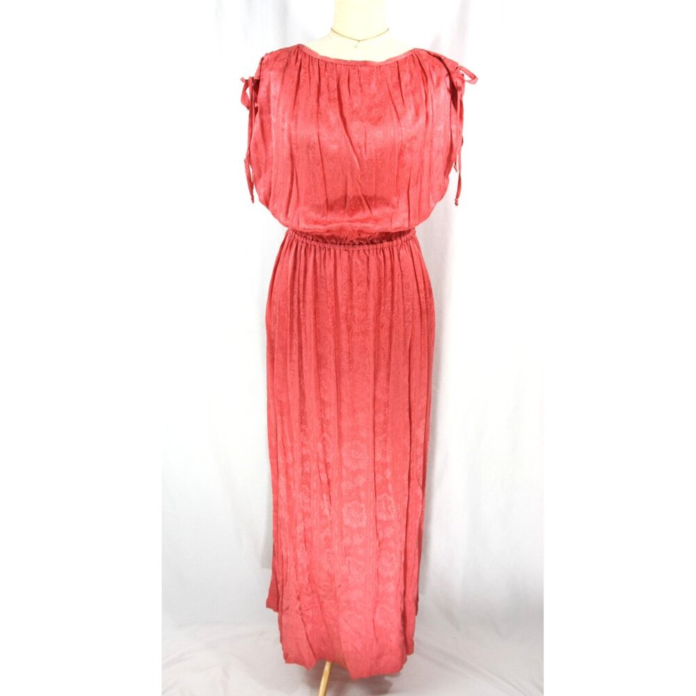Vintage Floral Jacquard Silky Short Sleeve Maxi Dress Blouson Gown Pink M 1970s